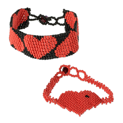 Red Heart Themed Beaded Friendship Bracelets (Pair)