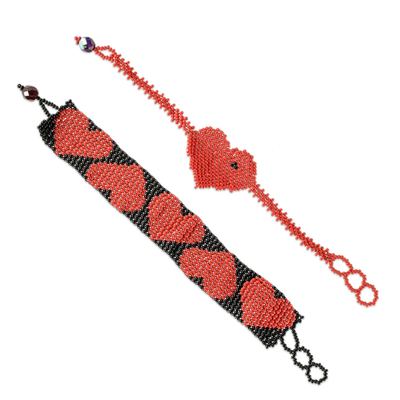 Perlenarmband-Freundschaftsarmbänder, (Paar) - Rote Freundschaftsarmbänder mit Herzmotiv und Perlen (Paar)