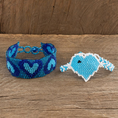 Beaded wristband friendship bracelets, 'Hearts in Blue' (pair) - Beaded Heart Motif Friendship Bracelets (Pair)