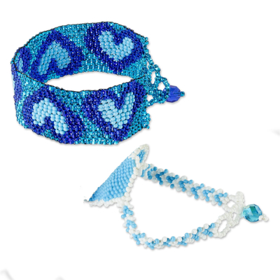 Beaded wristband friendship bracelets, 'Hearts in Blue' (pair) - Beaded Heart Motif Friendship Bracelets (Pair)