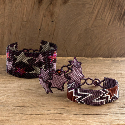 Beaded wristband friendship bracelets, 'Stars in Purple' (set of 3) - Handmade Beaded Friendship Bracelets in Purple (Set of 3)