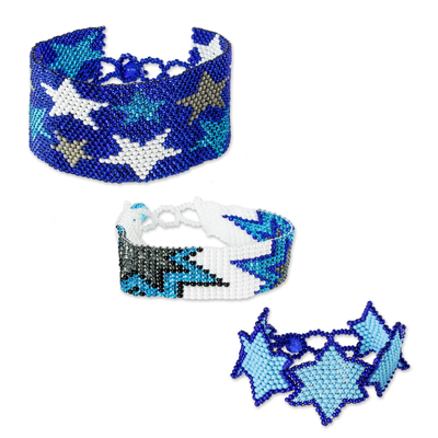 Beaded wristband friendship bracelets, 'Stars in Blue' (set of 3) - Star Themed Glass Beaded Friendship Bracelets (Set of 3)