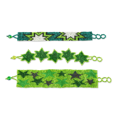 Beaded wristband friendship bracelets, 'Stars in Bright Green' (set of 3) - 3 Green Beaded Friendship Bracelets with Star Motifs