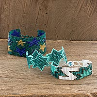 Beaded wristband friendship bracelets, 'Stars in Teal' (set of 3) - Handmade Beaded Star Friendship Bracelets in Teal (Set of 3)
