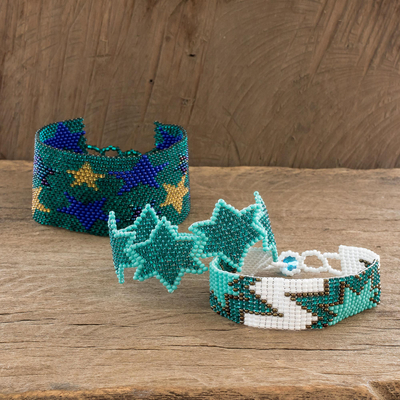 Beaded wristband friendship bracelets, 'Stars in Teal' (set of 3) - Handmade Beaded Star Friendship Bracelets in Teal (Set of 3)