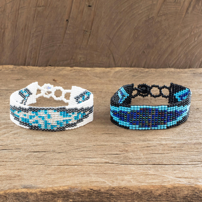 Beaded wristband friendship bracelets, 'Banner in Blue' (pair) - Friendship Bracelets Crafted with Tiny Glass Beads (Pair)