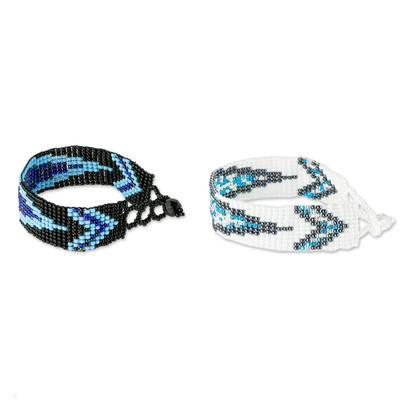 Beaded wristband friendship bracelets, 'Banner in Blue' (pair) - Friendship Bracelets Crafted with Tiny Glass Beads (Pair)