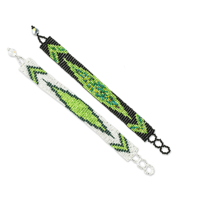 Beaded wristband friendship bracelets, 'Banner in Lime' (pair) - Lime Green Beaded Wristband Friendship Bracelets (Pair)
