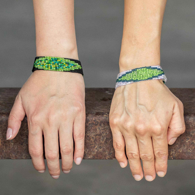 Beaded wristband friendship bracelets, 'Banner in Lime' (pair) - Lime Green Beaded Wristband Friendship Bracelets (Pair)