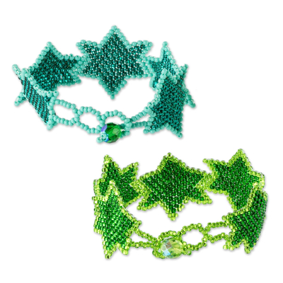Beaded wristband friendship bracelets, 'Star Duo in Teal and Green' (pair) - Blue & Green Beaded Star-Themed Friendship Bracelets (Pair)