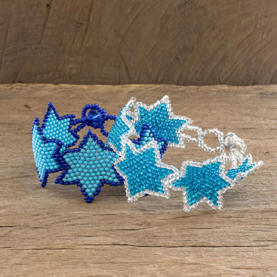 Sky Blue Star Motif Friendship Bracelets (Pair) - Star Duo in Sky | NOVICA