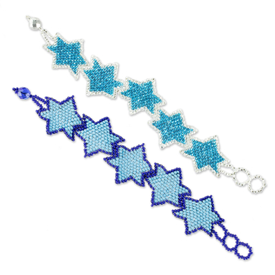 Beaded wristband friendship bracelets, 'Star Duo in Sky' (pair) - Sky Blue Star Motif Friendship Bracelets (Pair)