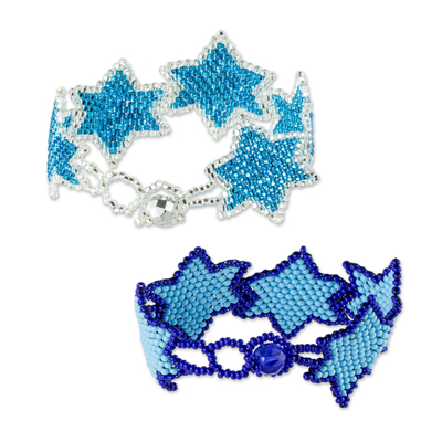 Beaded wristband friendship bracelets, 'Star Duo in Sky' (pair) - Sky Blue Star Motif Friendship Bracelets (Pair)