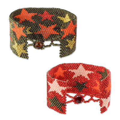 Beaded wristband friendship bracelets,  'Constellation Duo' (pair) - Wide Star Motif Beaded Friendship Bracelets (Pair)