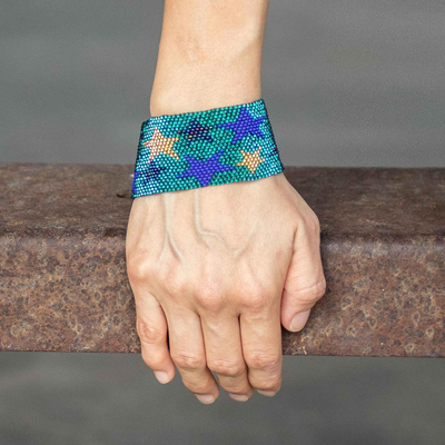 Beaded wristband bracelet, 'Constellation in Teal' - Teal Star Motif Beaded Wristband Bracelet