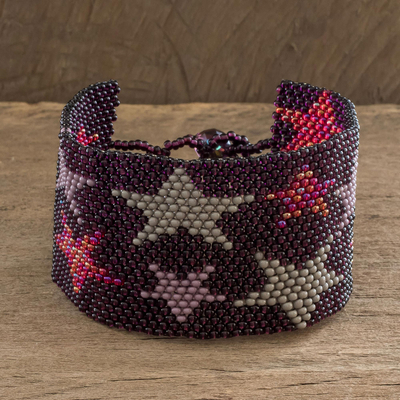 Beaded wristband bracelet, 'Constellation in Grape' - Purple Star-Themed Beaded Bracelet