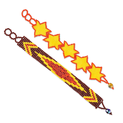 Beaded wristband friendship bracelets, 'Star and Banner in Yellow' (pair) - Yellow and Orange Beaded Friendship Bracelets (Pair)