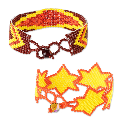 Perlenarmband-Freundschaftsarmbänder, (Paar) - Freundschaftsarmbänder aus gelben und orangefarbenen Perlen (Paar)
