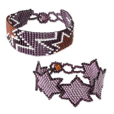 Perlenarmband-Freundschaftsarmbänder, (Paar) - Freundschaftsarmbänder aus violettem Perlenglas (Paar)