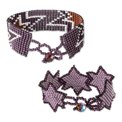 Beaded wristband friendship bracelets, 'Stars in Grape' (pair) - Purple Beaded Glass Wristband Friendship Bracelets (Pair)