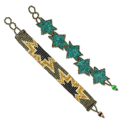 Beaded wristband friendship bracelets, 'Stars in Teal and Bronze' (pair) - 2 Hand Crafted Star Motif Glass Bead Friendship Bracelets