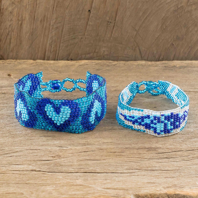 Friendship Bracelets Crafted with Tiny Glass Beads (Pair) - Banner in Blue