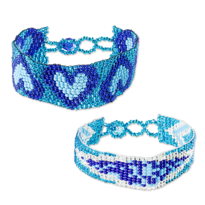 Beaded wristband friendship bracelets, 'Heart and Banner in Blue' (pair) - Blue Heart and Banner Motif Friendship Bracelets (Pair)