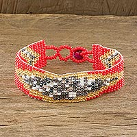 Beaded wristband bracelet, 'Banner in Red' - Hand Crafted Glass Beaded Bracelet