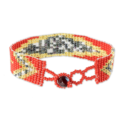 Beaded wristband bracelet, 'Banner in Red' - Hand Crafted Glass Beaded Bracelet