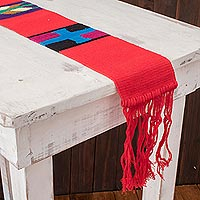Cotton table runner, 'Solola Totem in Poppy' - Hand Woven Red Cotton Table Runner