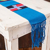 Cotton table runner, 'Solola Totem in Cyan' - Hand Loomed Multicolored Table Runner
