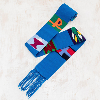 Cotton table runner, 'Solola Totem in Cyan' - Hand Loomed Multicolored Table Runner