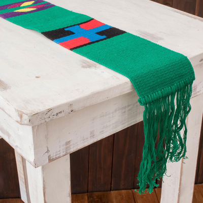 Cotton table runner, 'Solola Totem in Green' - Long Cotton Table Runner in Green