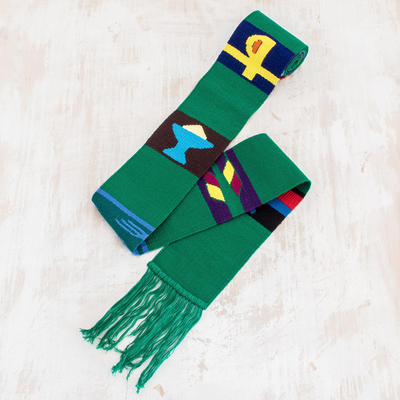 Cotton table runner, 'Solola Totem in Green' - Long Cotton Table Runner in Green