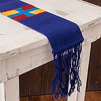 Cotton table runner, 'Solola Totem in Lapis' - Multicoloured Hand Woven Table Runner