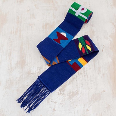 Cotton table runner, 'Solola Totem in Lapis' - Multicolored Hand Woven Table Runner