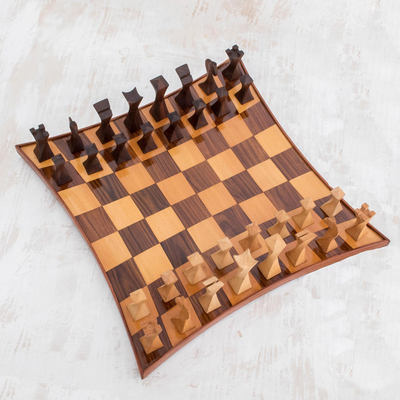 Wood inlay chess set, 'Elegant Diversion' - Modern Wood Chess Set