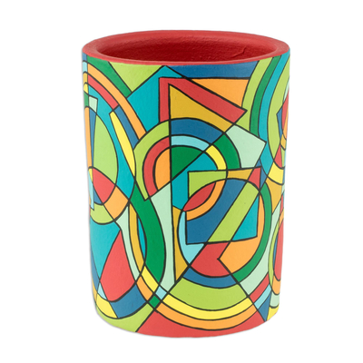 Decorative terracotta vase, 'Crimson Joy' - Decorative Geometric Terracotta Vase From Nicaragua