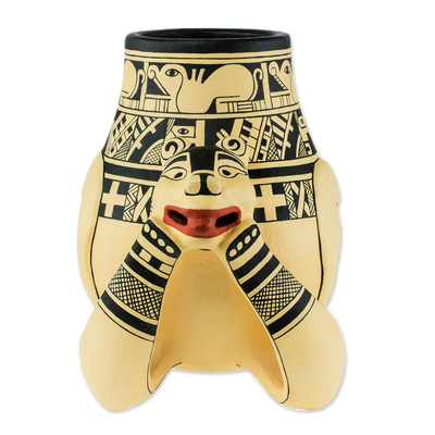 Ceramic decorative vase, 'Jaguar Legend' - Nicaragua Pre-Hispanic Style Ceramic Decorative Jaguar Vase