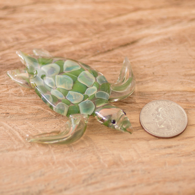 Art glass figurine, 'Leatherback Turtle' - Small Green Art Glass Turtle Sculpture