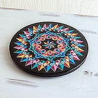 Wood trivet, 'Costa Rican Mandala in Black' - Artisan Crafted Round Wood Trivet