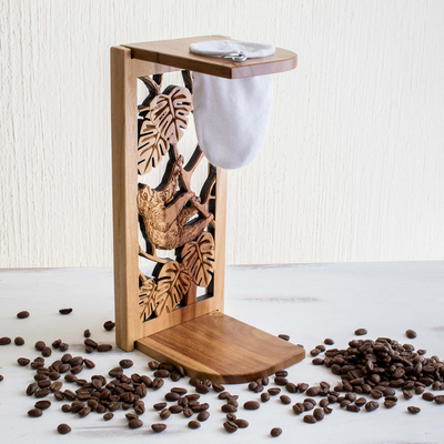Teak wood single-serve drip coffee stand, 'Jungle Sloth' - Hand Carved Teak Wood Drip Coffee Stand