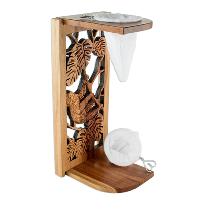 Teak wood single-serve drip coffee stand, 'Jungle Sloth' - Hand Carved Teak Wood Drip Coffee Stand