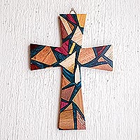 Reclaimed wood wall cross, 'Faith and Hope in Teal' - Reclaimed Wood and Resin Wall Cross