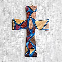 Reclaimed wood wall cross, 'Faith and Hope in Blue' - Hand Crafted Reclaimed Wood Wall Cross