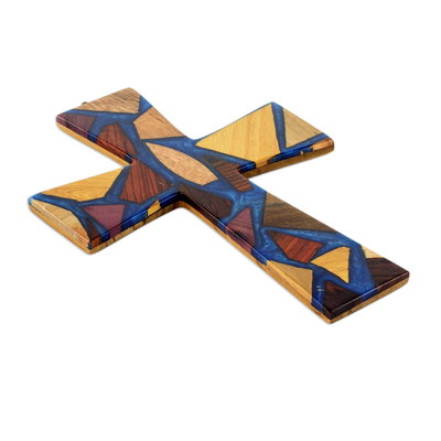 Reclaimed wood wall cross, 'Faith and Hope in Blue' - Hand Crafted Reclaimed Wood Wall Cross