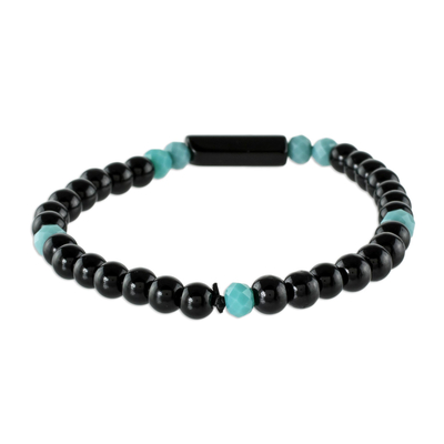 Onyx beaded stretch bracelet, 'Strength and Vigor' - Unisex Beaded Onyx Bracelet with Crystal Accents