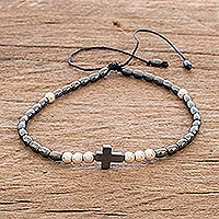 Men's hematite beaded bracelet, 'Hope and Salvation' - Hematite Beaded Men's Cross Bracelet
