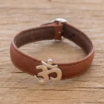 Sterling silver and leather pendant bracelet, 'Resplendent Om' - Brown Leather and Sterling Silver Om Bracelet