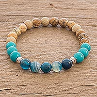 Multi-gemstone beaded stretch bracelet, 'Sand and Surf'